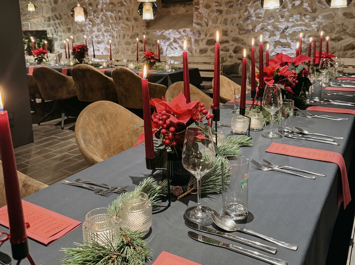 Festlich gedeckte Winter-Tafel in einem Gewölbekeller mit anthrazitfarbenen Tischdecken, roten Stabkerzen, Weihnachtssternen, Tannenzweigen und warmen Hängeleuchten